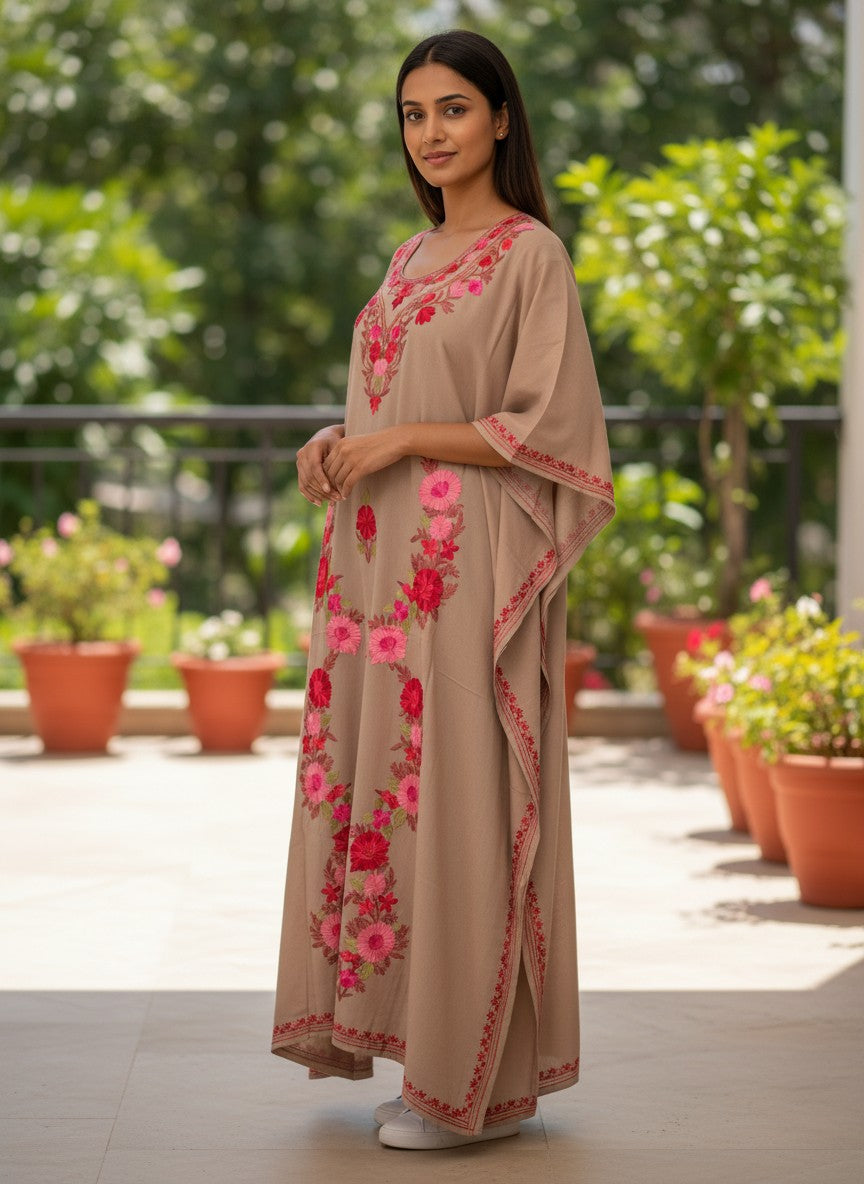 Kashmiri Cotton Kaftan For Women with Aari Embroidery | Rayon Cotton Hand Embroidered Kaftan Dress  - Beige