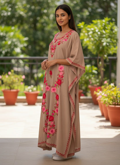 Kashmiri Cotton Kaftan For Women with Aari Embroidery | Rayon Cotton Hand Embroidered Kaftan Dress  - Beige