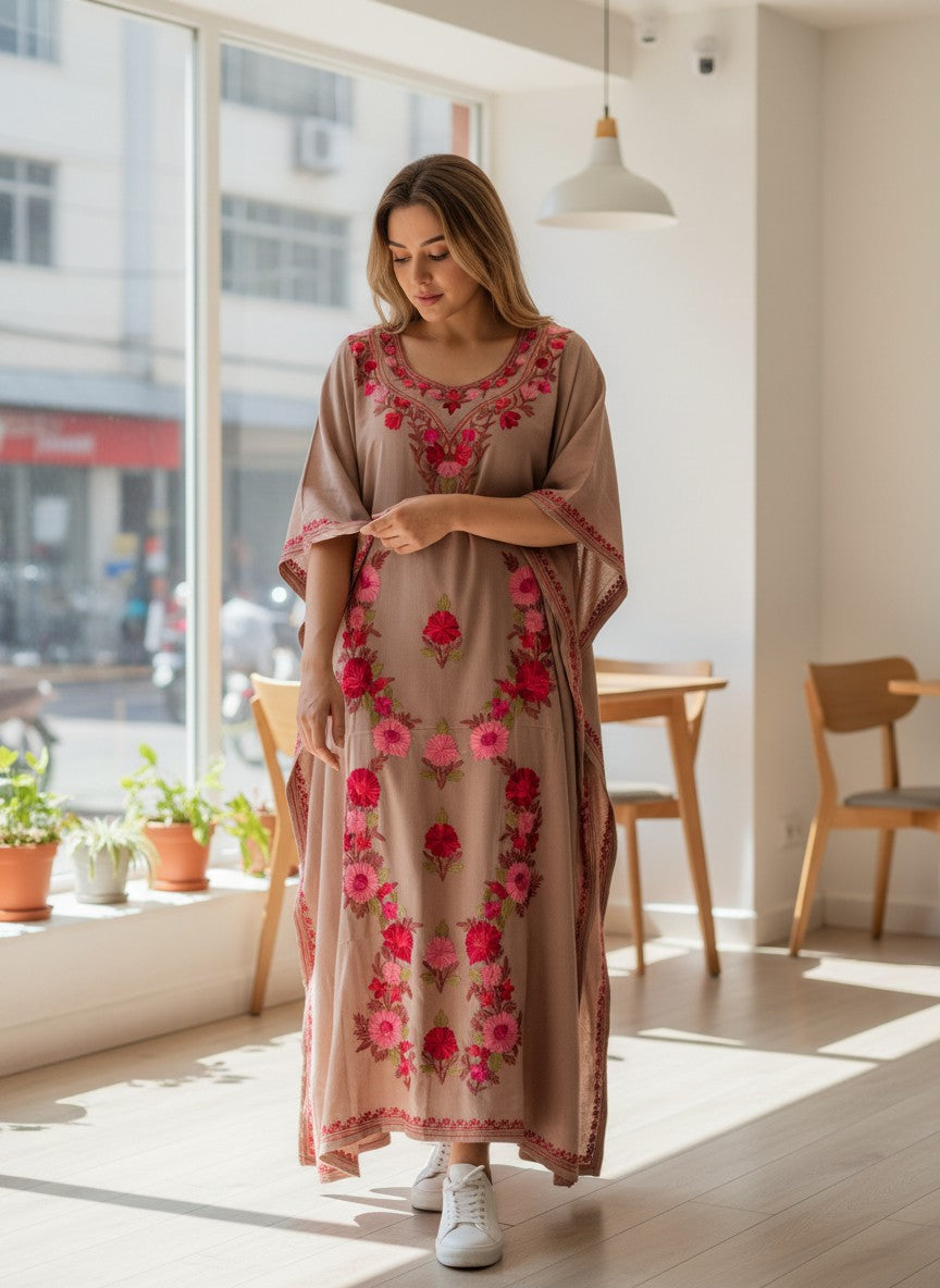 Kashmiri Cotton Kaftan For Women with Aari Embroidery | Rayon Cotton Hand Embroidered Kaftan Dress  - Beige