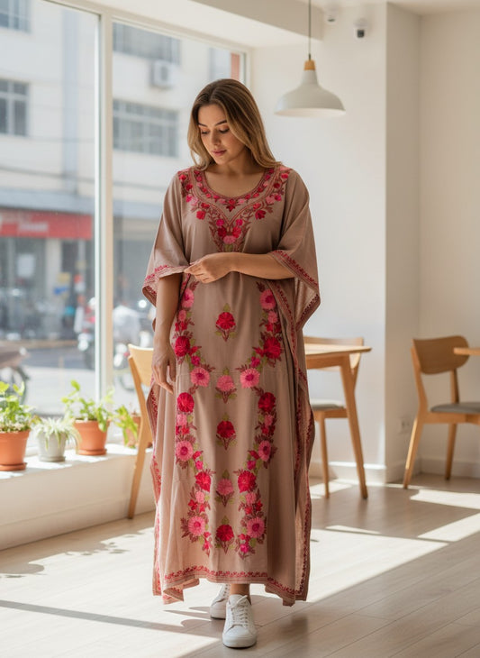 Kashmiri Cotton Kaftan For Women with Aari Embroidery | Rayon Cotton Hand Embroidered Kaftan Dress  - Beige