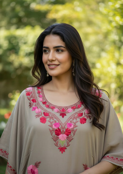 Kashmiri Cotton Kaftan For Women with Aari Embroidery | Rayon Cotton Hand Embroidered Kaftan Dress  - Beige