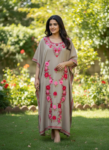Kashmiri Cotton Kaftan For Women with Aari Embroidery | Rayon Cotton Hand Embroidered Kaftan Dress  - Beige