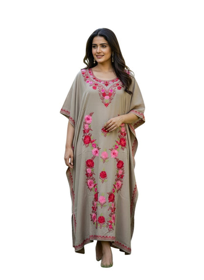 Kashmiri Cotton Kaftan For Women with Aari Embroidery | Rayon Cotton Hand Embroidered Kaftan Dress  - Beige