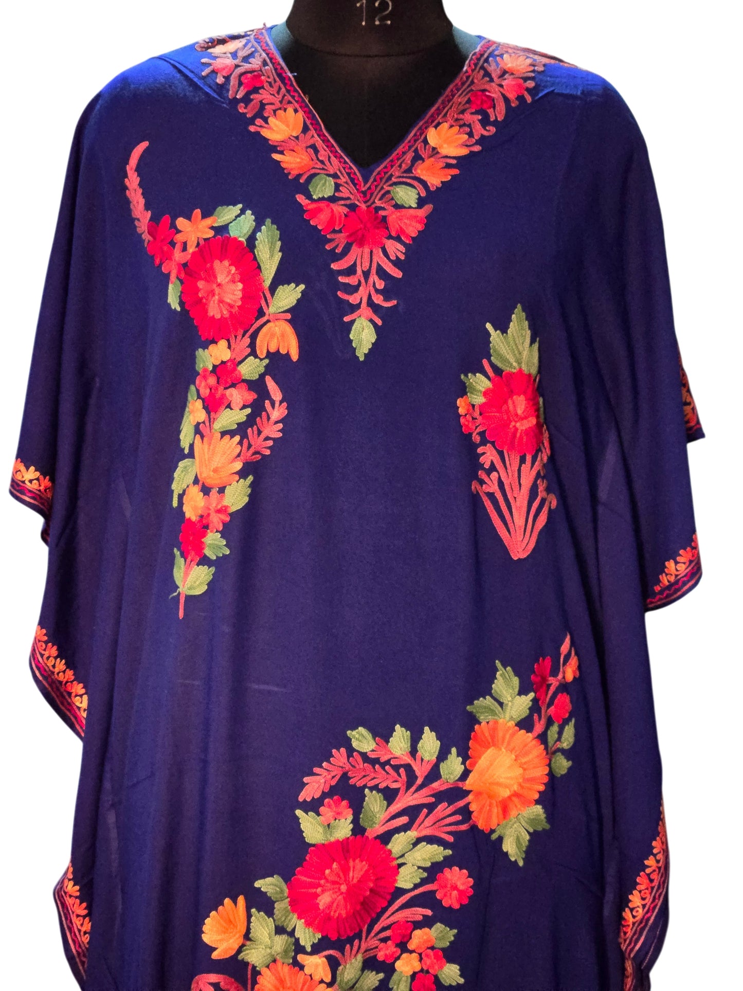 Kashmiri Cotton Kaftan For Women with Aari Embroidery | Rayon Cotton Hand Embroidered Kaftan Dress  - Blue