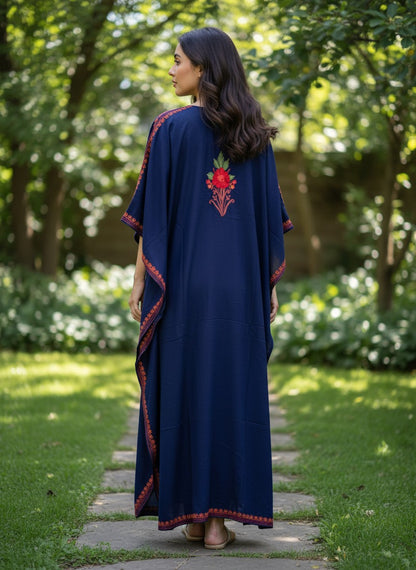 Kashmiri Cotton Kaftan For Women with Aari Embroidery | Rayon Cotton Hand Embroidered Kaftan Dress  - Blue