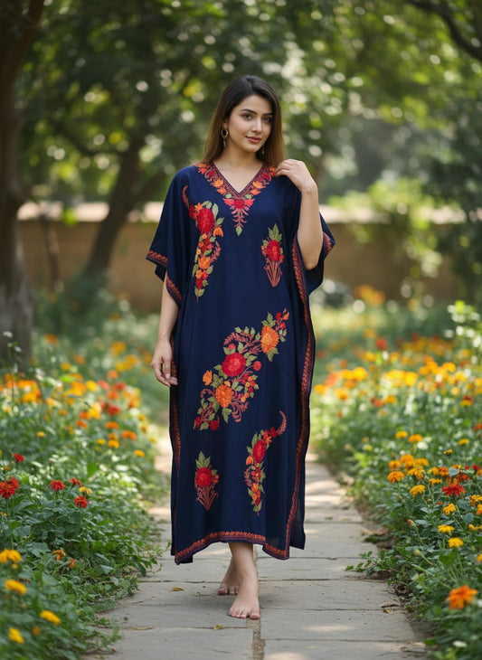 Kashmiri Cotton Kaftan For Women with Aari Embroidery | Rayon Cotton Hand Embroidered Kaftan Dress  - Blue