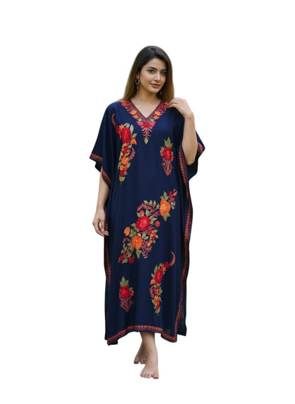 Kashmiri Cotton Kaftan For Women with Aari Embroidery | Rayon Cotton Hand Embroidered Kaftan Dress  - Blue