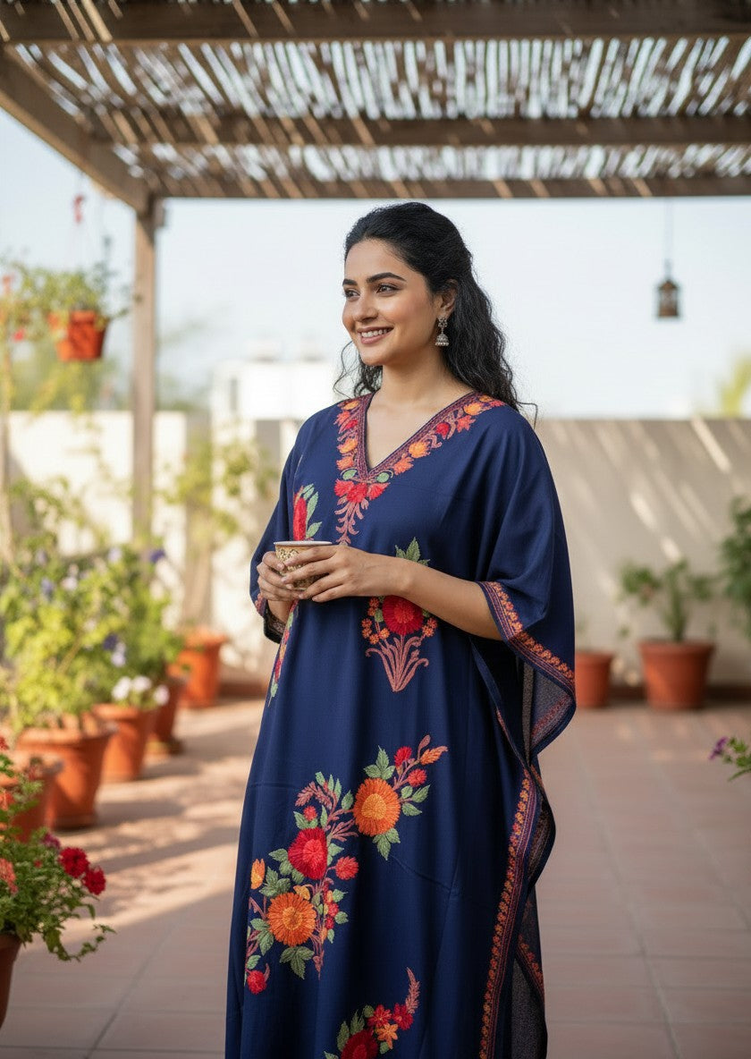 Kashmiri Cotton Kaftan For Women with Aari Embroidery | Rayon Cotton Hand Embroidered Kaftan Dress  - Blue