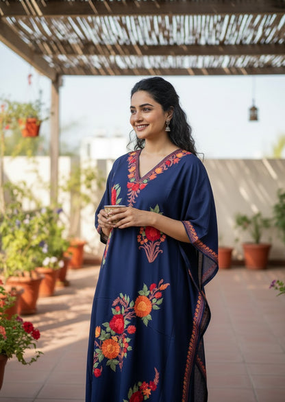Kashmiri Cotton Kaftan For Women with Aari Embroidery | Rayon Cotton Hand Embroidered Kaftan Dress  - Blue