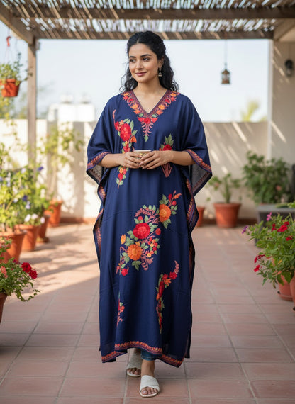 Kashmiri Cotton Kaftan For Women with Aari Embroidery | Rayon Cotton Hand Embroidered Kaftan Dress  - Blue