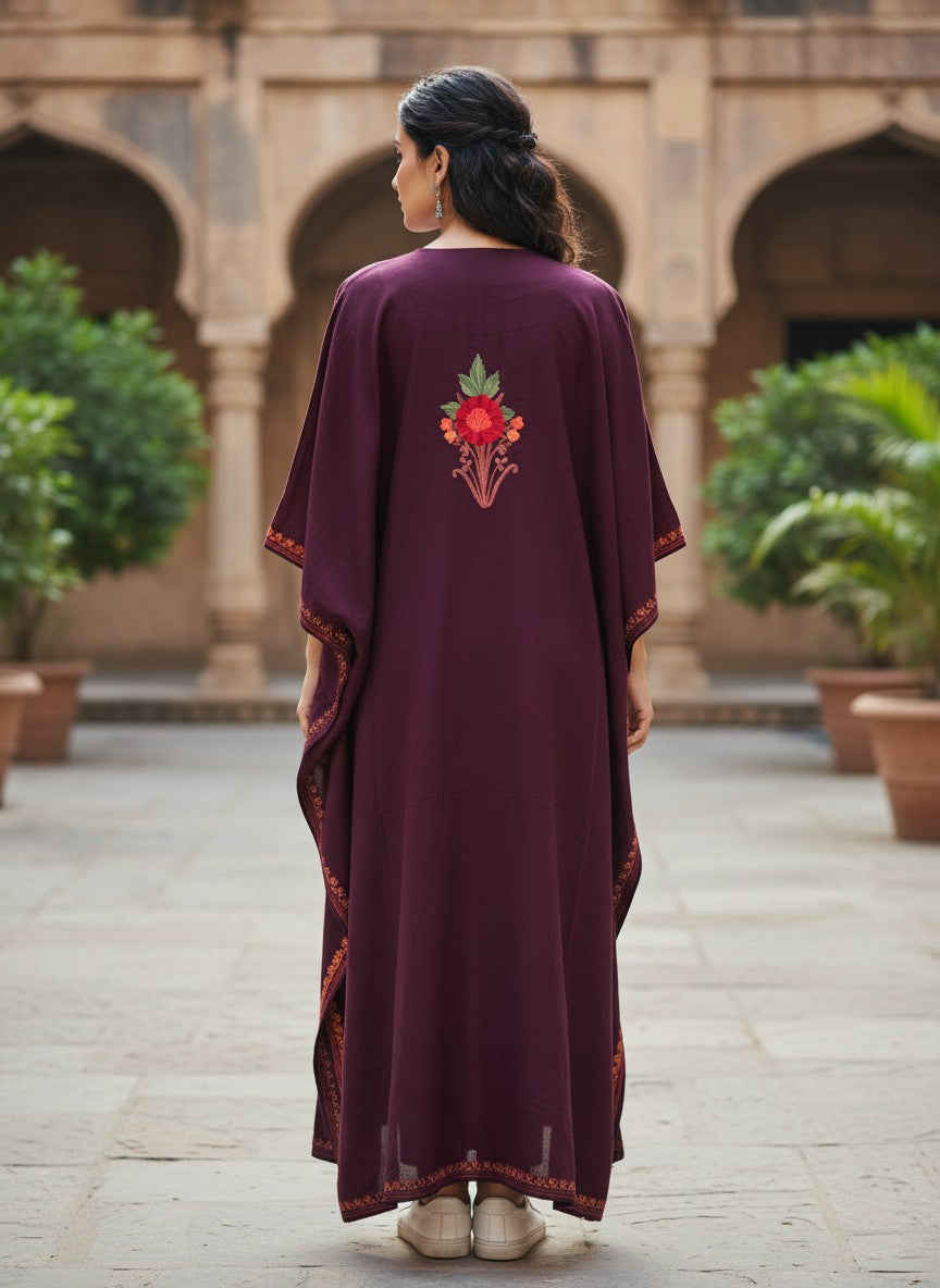 Kashmiri Cotton Kaftan For Women with Aari Embroidery | Rayon Cotton Hand Embroidered Kaftan Dress  - Purple