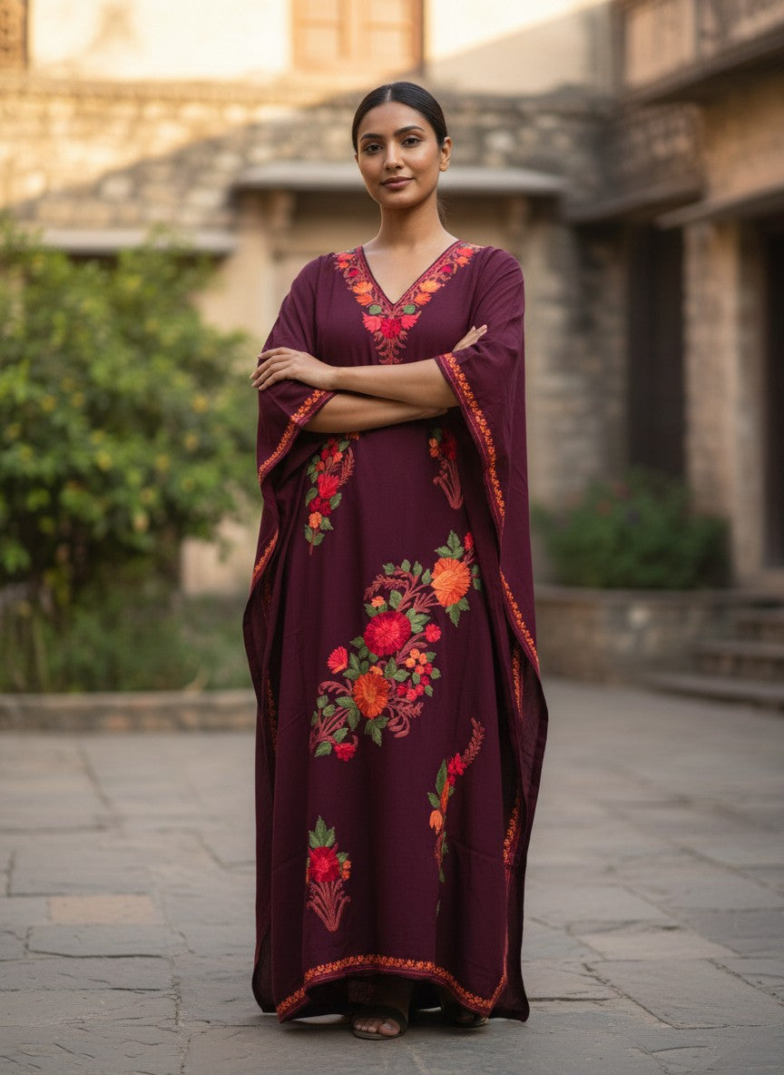 Kashmiri Cotton Kaftan For Women with Aari Embroidery | Rayon Cotton Hand Embroidered Kaftan Dress  - Purple