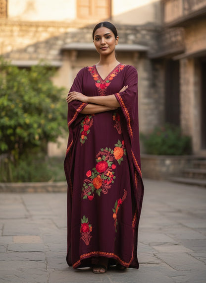 Kashmiri Cotton Kaftan For Women with Aari Embroidery | Rayon Cotton Hand Embroidered Kaftan Dress  - Purple