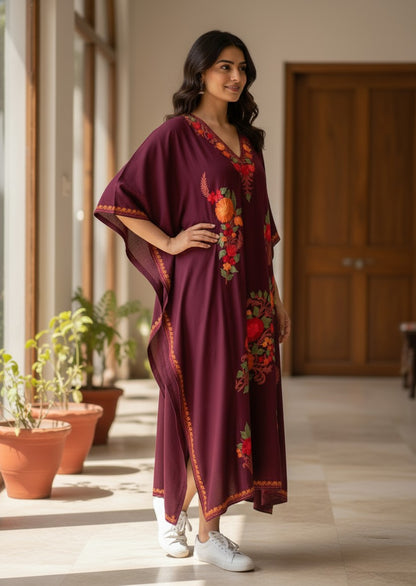 Kashmiri Cotton Kaftan For Women with Aari Embroidery | Rayon Cotton Hand Embroidered Kaftan Dress  - Purple