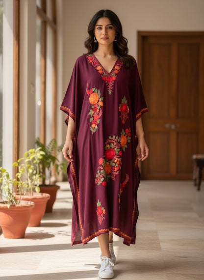Kashmiri Cotton Kaftan For Women with Aari Embroidery | Rayon Cotton Hand Embroidered Kaftan Dress  - Purple