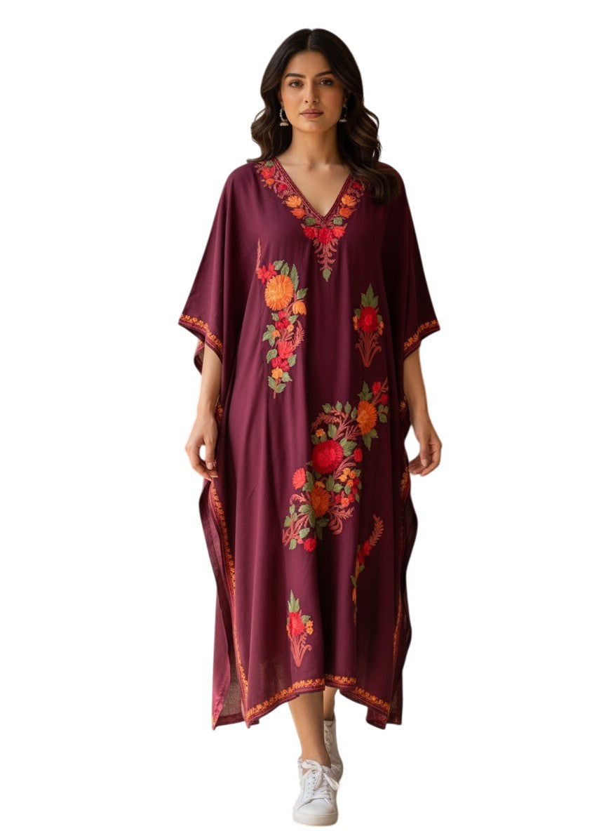 Kashmiri Cotton Kaftan For Women with Aari Embroidery | Rayon Cotton Hand Embroidered Kaftan Dress  - Purple