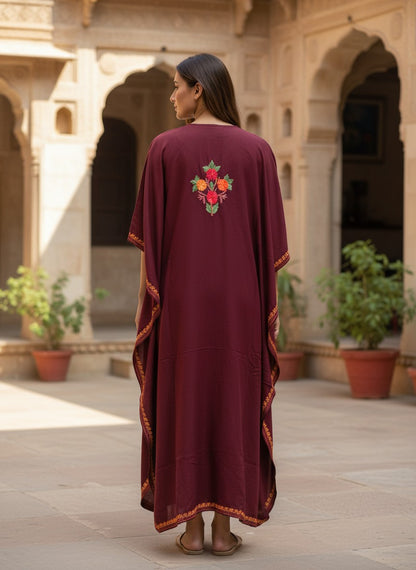Kashmiri Cotton Kaftan For Women with Aari Embroidery | Rayon Cotton Hand Embroidered Kaftan Dress  - Choclate