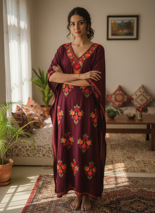Kashmiri Cotton Kaftan For Women with Aari Embroidery | Rayon Cotton Hand Embroidered Kaftan Dress  - Choclate