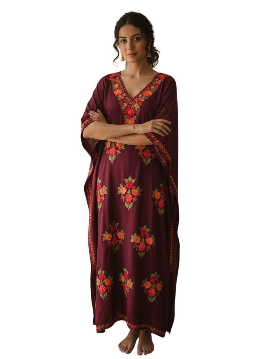 Kashmiri Cotton Kaftan For Women with Aari Embroidery | Rayon Cotton Hand Embroidered Kaftan Dress  - Choclate