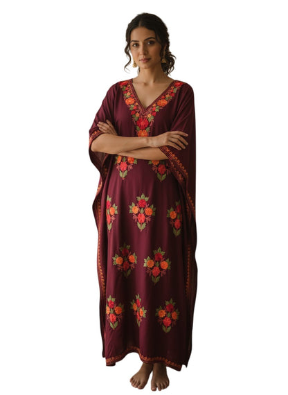 Kashmiri Cotton Kaftan For Women with Aari Embroidery | Rayon Cotton Hand Embroidered Kaftan Dress  - Choclate