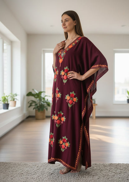 Kashmiri Cotton Kaftan For Women with Aari Embroidery | Rayon Cotton Hand Embroidered Kaftan Dress  - Choclate