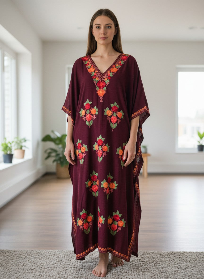 Kashmiri Cotton Kaftan For Women with Aari Embroidery | Rayon Cotton Hand Embroidered Kaftan Dress  - Choclate