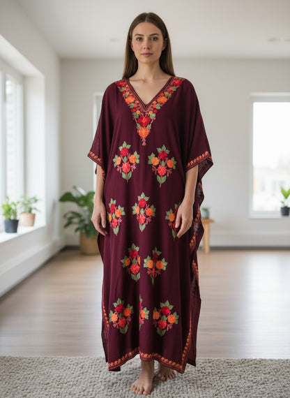 Kashmiri Cotton Kaftan For Women with Aari Embroidery | Rayon Cotton Hand Embroidered Kaftan Dress  - Choclate