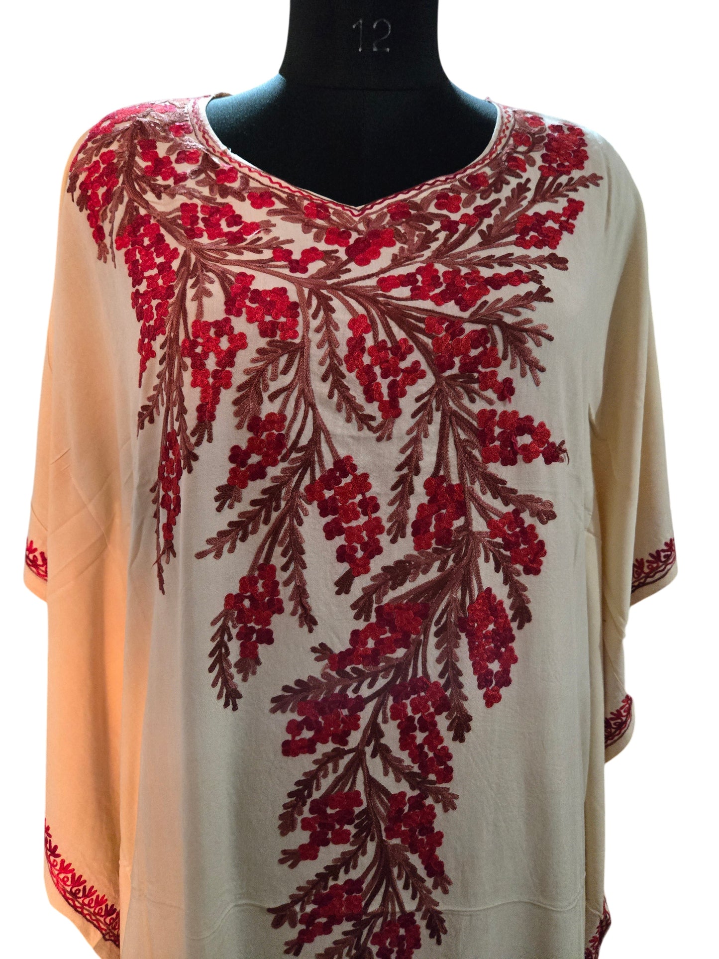 Kashmiri Cotton Kaftan For Women with Aari Embroidery | Rayon Cotton Hand Embroidered Kaftan Dress  - Cream
