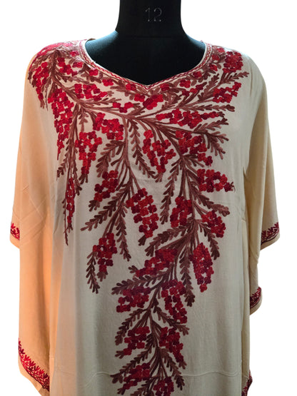 Kashmiri Cotton Kaftan For Women with Aari Embroidery | Rayon Cotton Hand Embroidered Kaftan Dress  - Cream