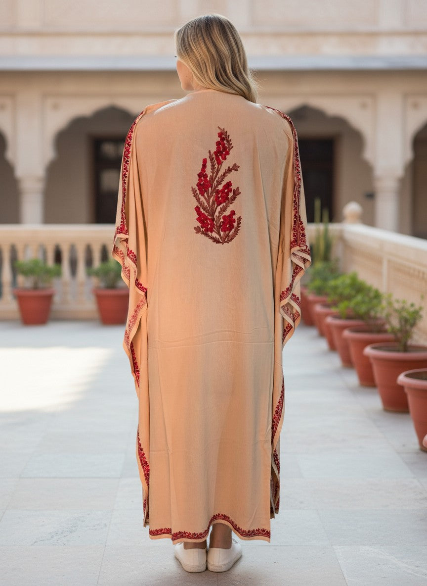 Kashmiri Cotton Kaftan For Women with Aari Embroidery | Rayon Cotton Hand Embroidered Kaftan Dress  - Cream