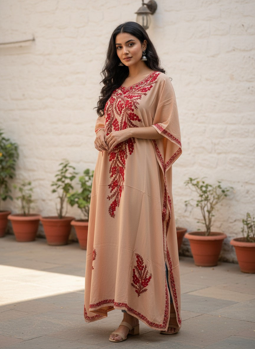 Kashmiri Cotton Kaftan For Women with Aari Embroidery | Rayon Cotton Hand Embroidered Kaftan Dress  - Cream