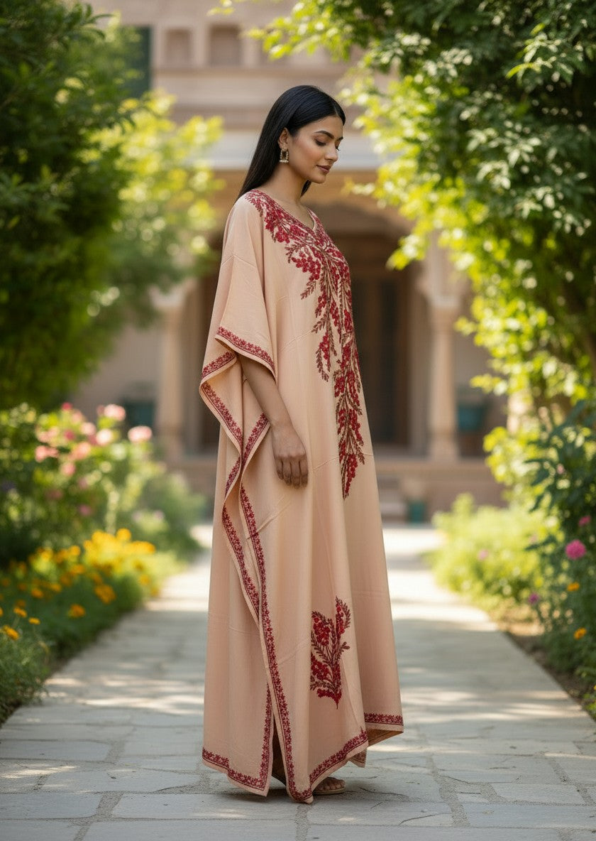 Kashmiri Cotton Kaftan For Women with Aari Embroidery | Rayon Cotton Hand Embroidered Kaftan Dress  - Cream