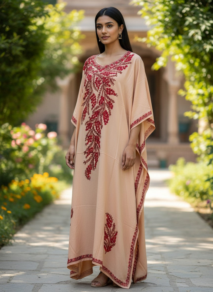 Kashmiri Cotton Kaftan For Women with Aari Embroidery | Rayon Cotton Hand Embroidered Kaftan Dress  - Cream