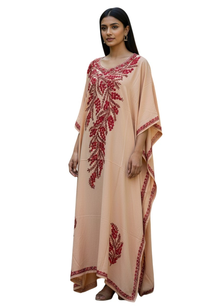 Kashmiri Cotton Kaftan For Women with Aari Embroidery | Rayon Cotton Hand Embroidered Kaftan Dress  - Cream