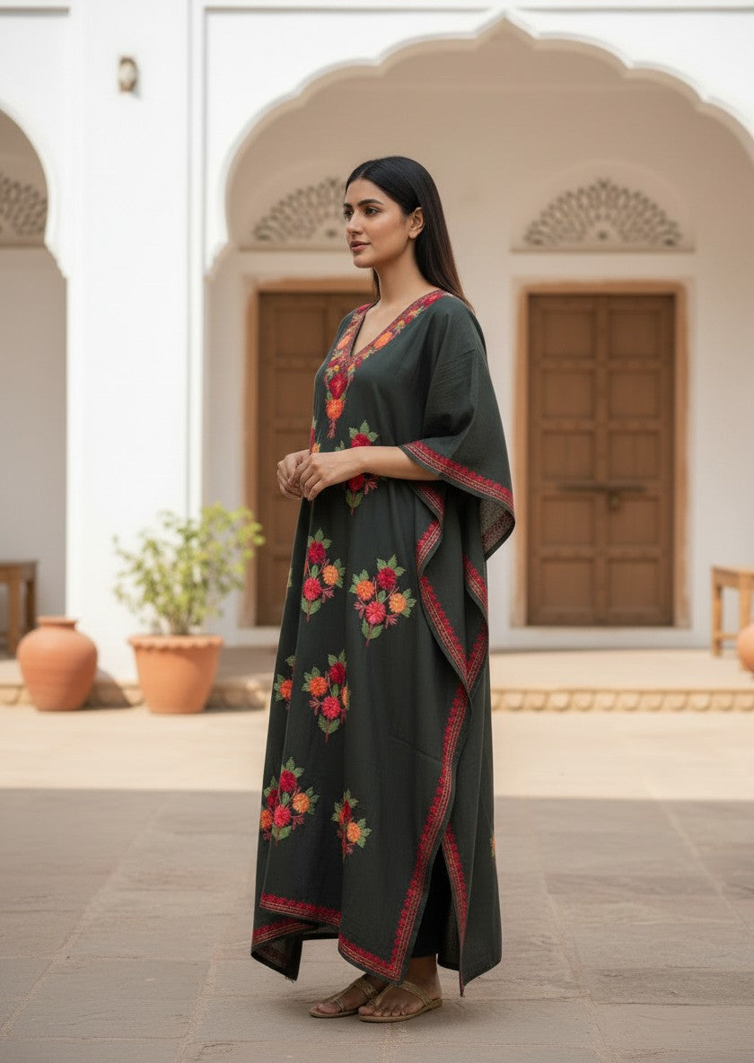 Kashmiri Cotton Kaftan For Women with Aari Embroidery | Rayon Cotton Hand Embroidered Kaftan Dress  - Dark Green