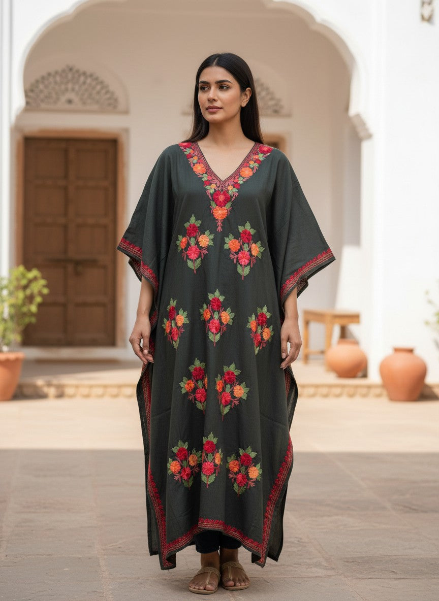 Kashmiri Cotton Kaftan For Women with Aari Embroidery | Rayon Cotton Hand Embroidered Kaftan Dress  - Dark Green