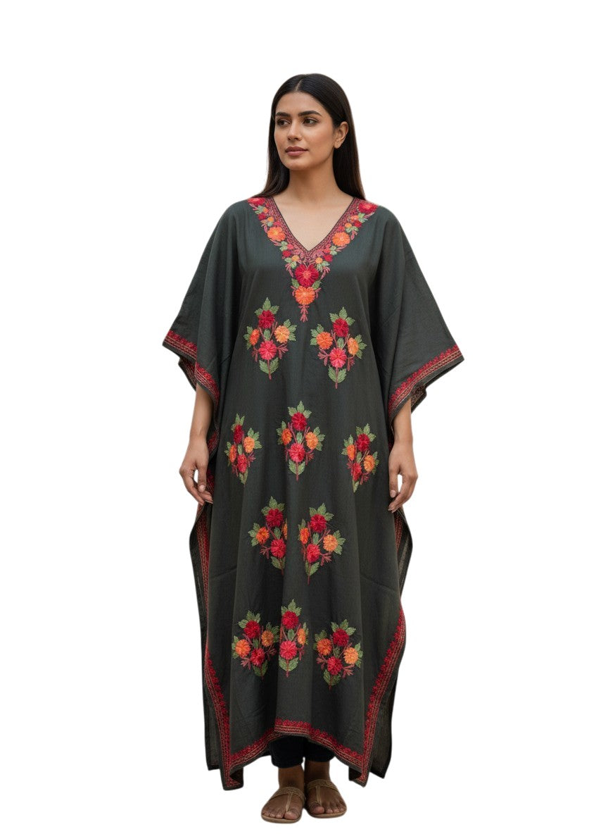 Kashmiri Cotton Kaftan For Women with Aari Embroidery | Rayon Cotton Hand Embroidered Kaftan Dress  - Dark Green