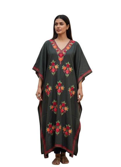 Kashmiri Cotton Kaftan For Women with Aari Embroidery | Rayon Cotton Hand Embroidered Kaftan Dress  - Dark Green
