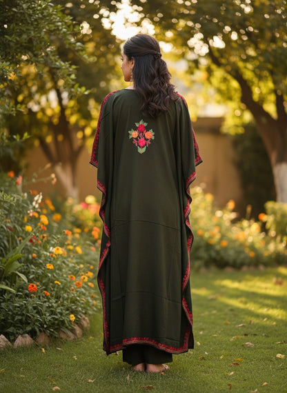 Kashmiri Cotton Kaftan For Women with Aari Embroidery | Rayon Cotton Hand Embroidered Kaftan Dress  - Dark Green