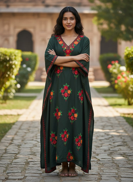 Kashmiri Cotton Kaftan For Women with Aari Embroidery | Rayon Cotton Hand Embroidered Kaftan Dress  - Dark Green