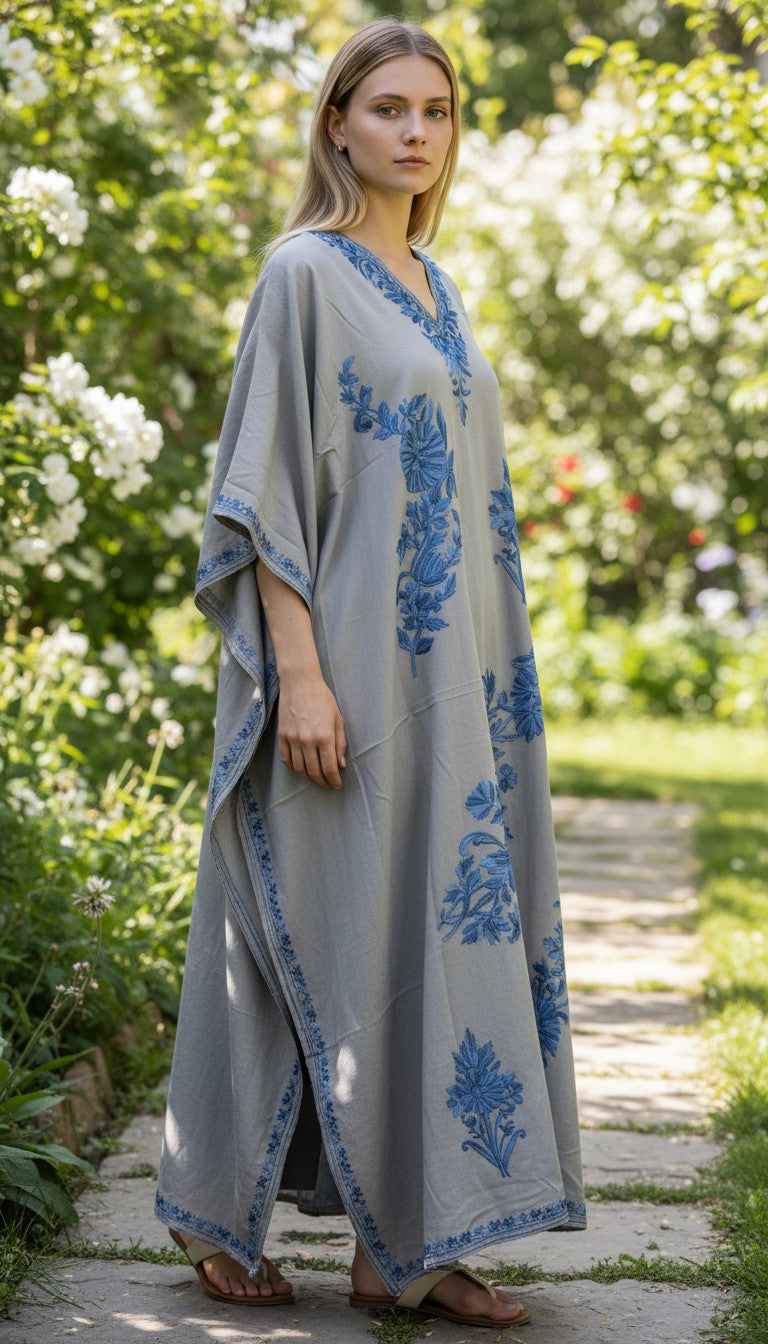 Kashmiri Cotton Kaftan For Women with Aari Embroidery | Rayon Cotton Hand Embroidered Kaftan Dress  - Light Blue