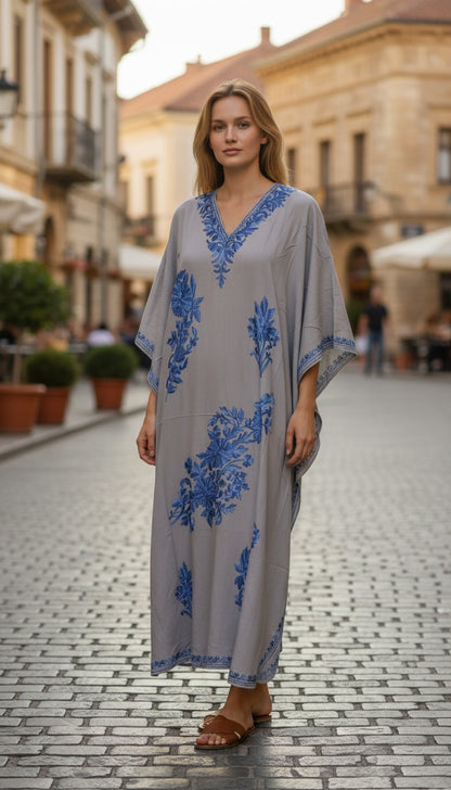 Kashmiri Cotton Kaftan For Women with Aari Embroidery | Rayon Cotton Hand Embroidered Kaftan Dress  - Light Blue
