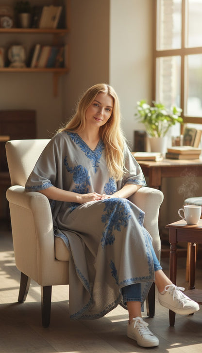 Kashmiri Cotton Kaftan For Women with Aari Embroidery | Rayon Cotton Hand Embroidered Kaftan Dress  - Light Blue