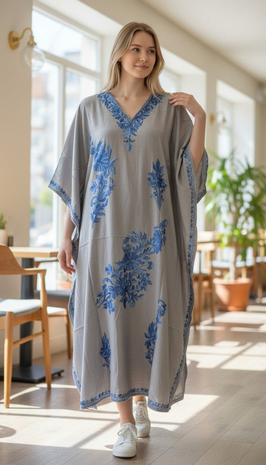 Kashmiri Cotton Kaftan For Women with Aari Embroidery | Rayon Cotton Hand Embroidered Kaftan Dress  - Light Blue