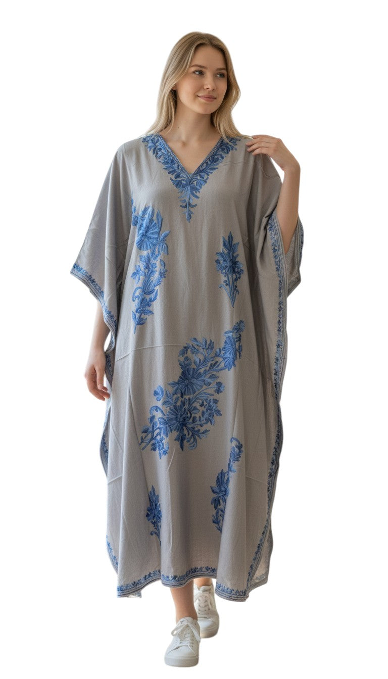 Kashmiri Cotton Kaftan For Women with Aari Embroidery | Rayon Cotton Hand Embroidered Kaftan Dress  - Light Blue