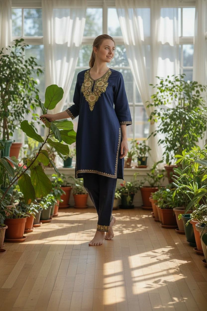 Kashmiri Cotton Co ord set Kurta Set for women (M) |  Blue-1