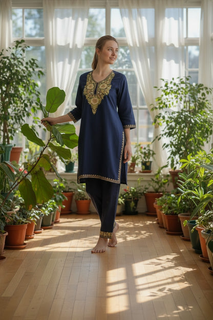 Kashmiri Cotton Co ord set Kurta Set for women (M) |  Blue-1