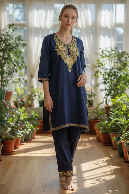 Kashmiri Cotton Co ord set Kurta Set for women (M) |  Blue-1