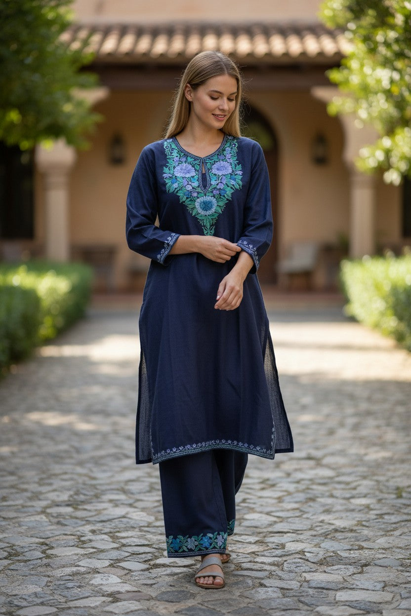 Kashmiri Cotton Co ord set Kurta Set for women (S) | Blue-2