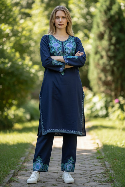 Kashmiri Cotton Co ord set Kurta Set for women (S) | Blue-2